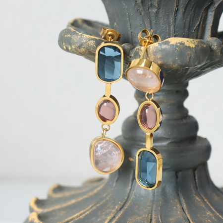 Boucles d'oreilles pendantes élégantes pour femmes, en acier inoxydable étanche, couleur or et cristal.