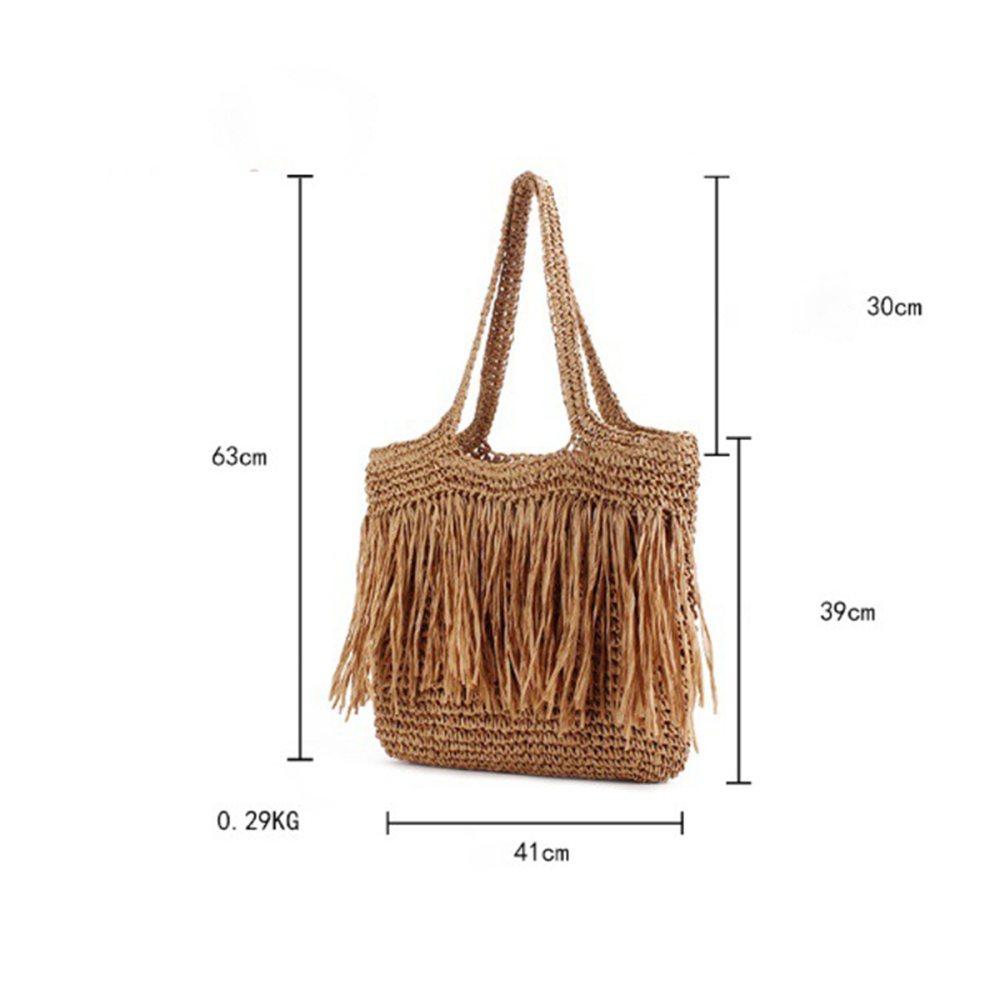 Sac Fourre-Tout Femme En Papier Tissé Uni À Pompons Style Vacances Image6