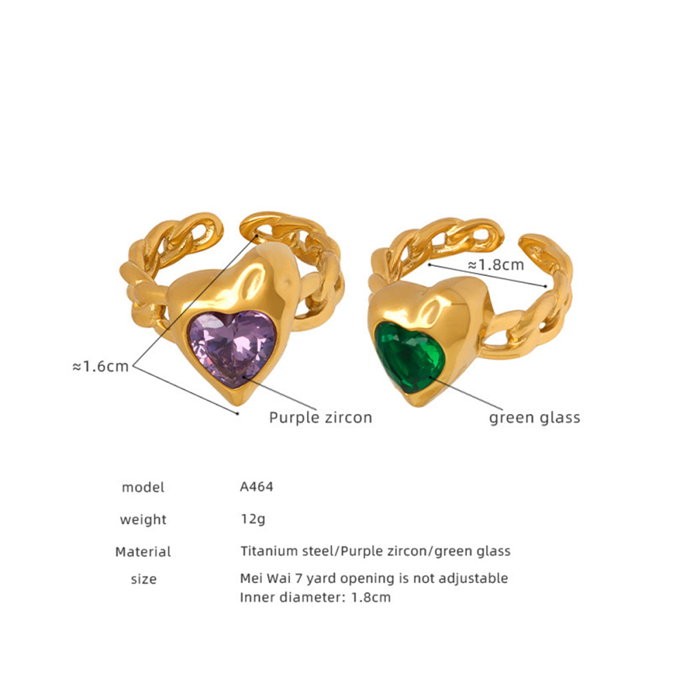 Bagues Pour Femmes En Acier Inoxydable Rétro En Forme De Cœur, Étanches, Couleur Or, Avec Zircon Et Verre. Image4