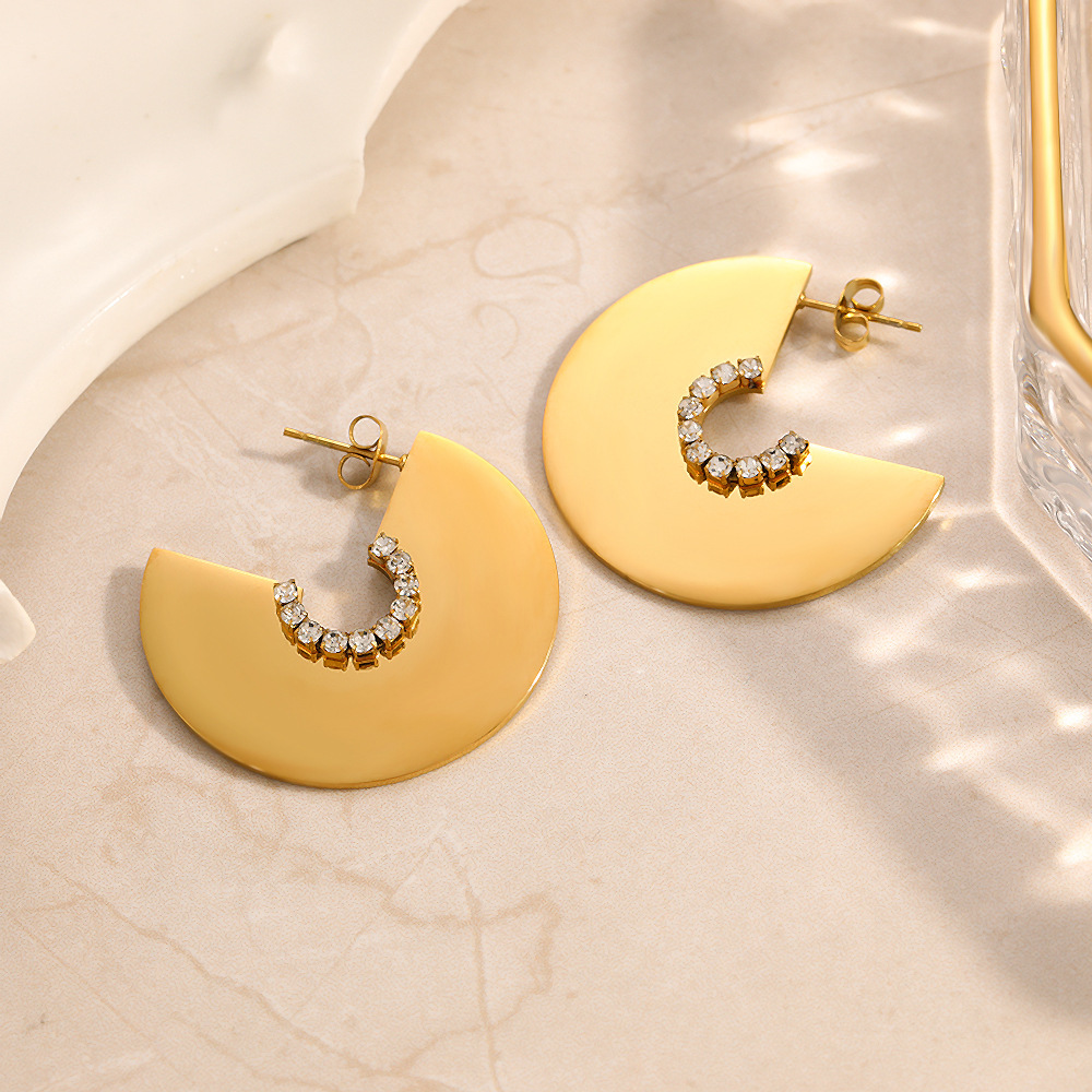 Boucles D'Oreilles Puces Pour Femmes, En Acier Inoxydable Uni, Étanches, Couleur Or, Ornées De Strass, Collection Luxueuse Image4