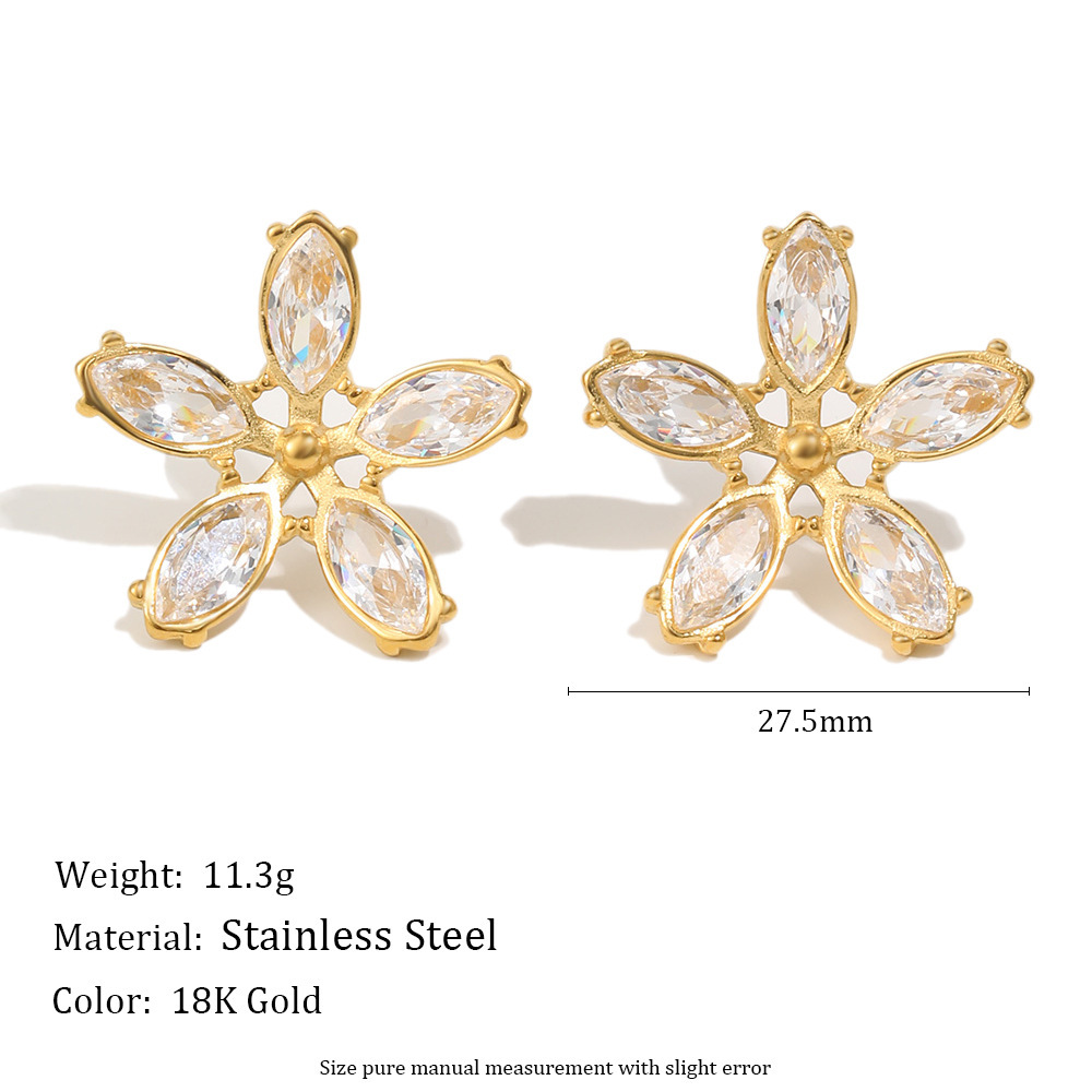 Boucles D'Oreilles Puces Pour Femmes Sweet Flower En Acier Inoxydable Étanche Couleur Or Et Zircon h5Image2