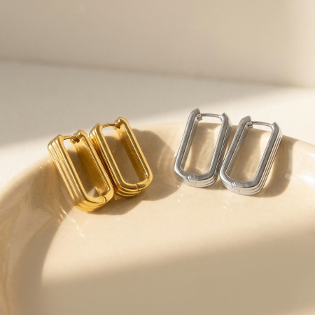Boucles d'oreilles créoles pour femmes, en acier inoxydable, imperméables, couleur or, à rayures en forme de U. 2