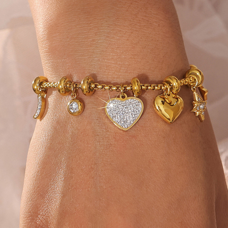 Bracelets à breloques pour femmes Sweet Heart Star en acier inoxydable étanche couleur or avec strass