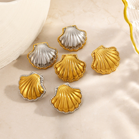 Boucles d'oreilles puces pour femmes, en acier inoxydable, couleur or, style coquillage simple et étanche