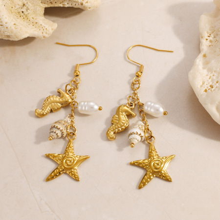 Boucles d'oreilles pendantes pour femme en forme d'étoile de mer, en acier inoxydable étanche, couleur or, motif coquillage.