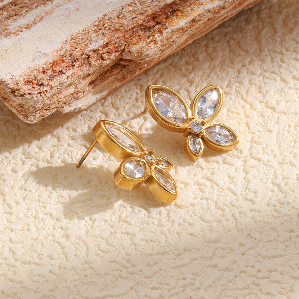 Boucles D'Oreilles Puces Pour Femmes En Acier Inoxydable, Forme De Fleur, Couleur Or, Étanches, Avec Zircon. Image5