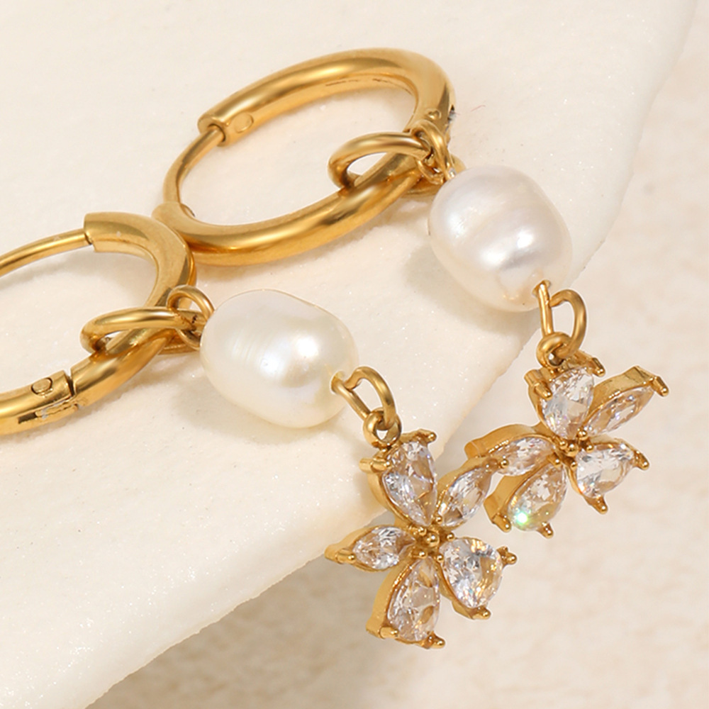 Boucles D'Oreilles Pendantes Pour Femme Sweet Flower En Acier Inoxydable Étanche Couleur Or Avec Zircon Image5