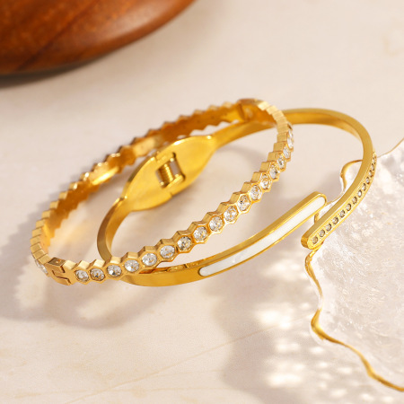 Bracelets pour femmes en acier inoxydable uni, étanches, couleur or et strass 2