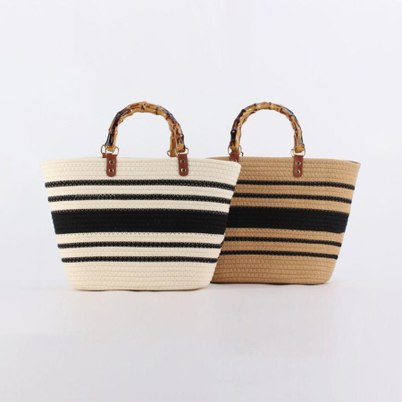 Sac fourre-tout femme style vacances, à rayures tissées et corde tressée