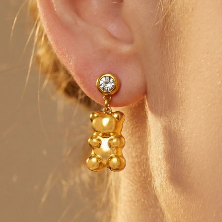 Boucles d'oreilles pendantes pour femme, en acier inoxydable, imperméables, couleur or, avec zircon et motif ours mignon