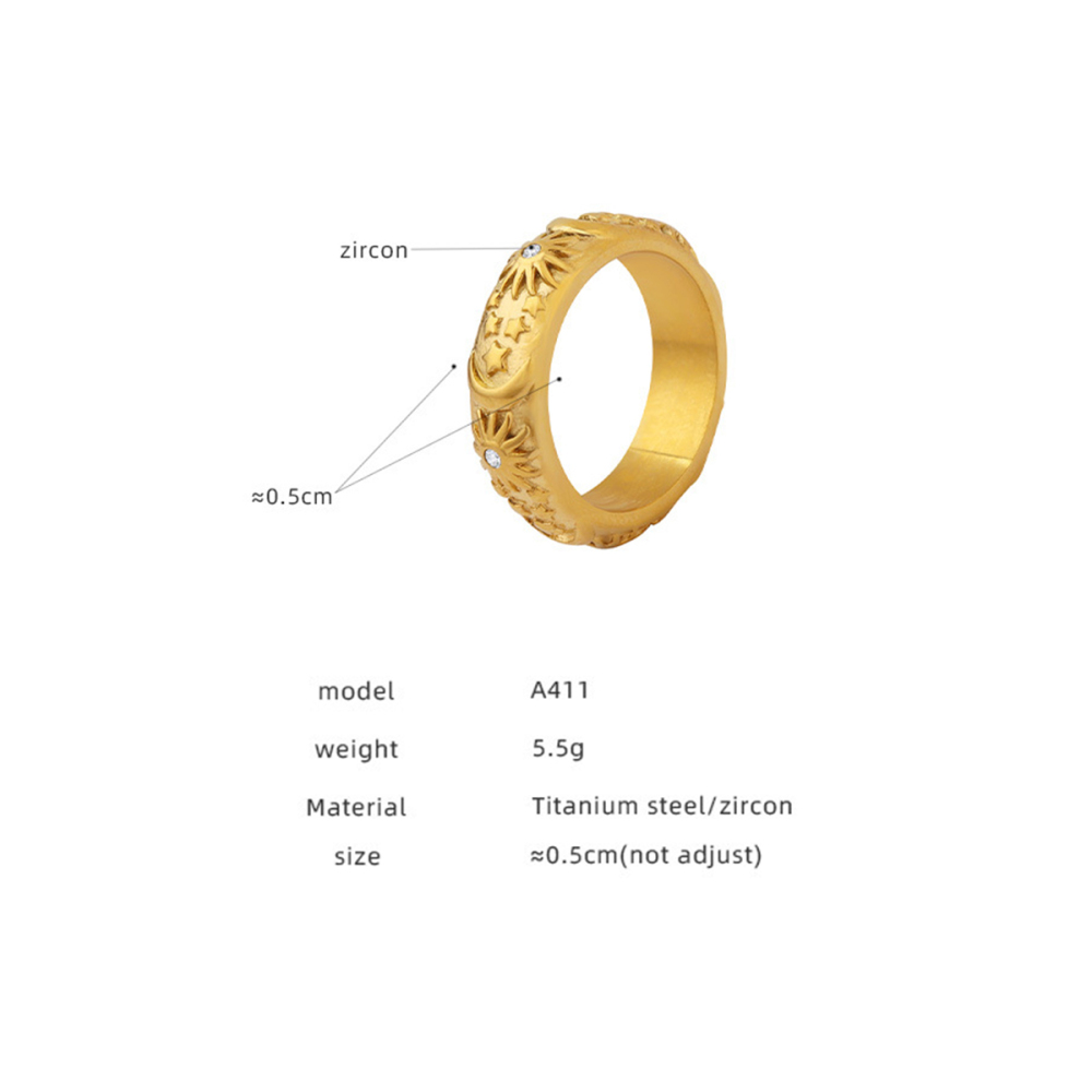 Bagues Tendance Rétro Soleil Et Lune En Acier Inoxydable Étanche Couleur Or Avec Zircon Image4