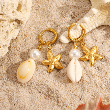 Boucles d'oreilles pendantes pour femme en acier inoxydable, couleur or, en forme d'étoile de mer, étanches.