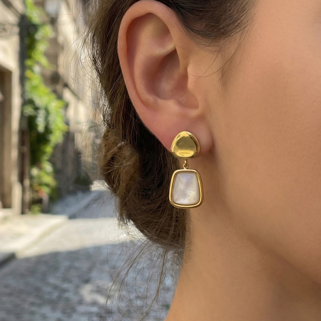 Boucles d'oreilles pendantes élégantes rectangulaires en acier inoxydable, étanches, couleur or, en forme de coquillage, pour femmes