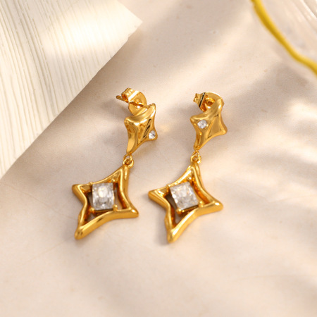 Boucles d'oreilles pendantes pour femme, en acier inoxydable imperméable, couleur or, avec zircon, motif étoile simple