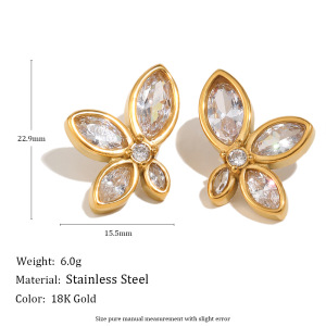 Boucles D'Oreilles Puces Pour Femmes En Acier Inoxydable, Forme De Fleur, Couleur Or, Étanches, Avec Zircon. h5 Image2