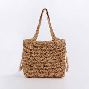 Sac Fourre-Tout Femme En Papier Tissé Uni À Pompons Style Vacances h5 Image2