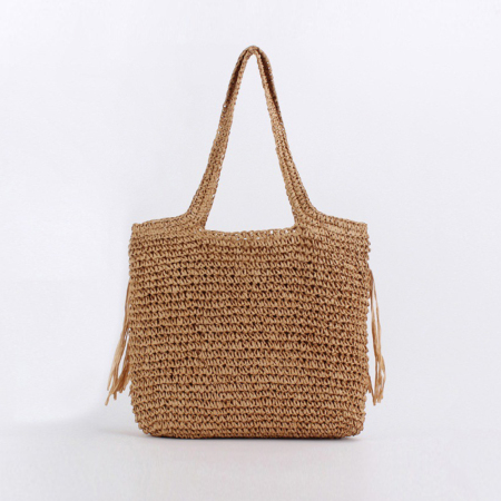 Sac fourre-tout femme en papier tissé uni à pompons style vacances 2
