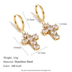 Boucles D'Oreilles Pendantes Pour Femme, En Acier Inoxydable, Couleur Or, Avec Zircon Et Croix Simple. h5 Image2