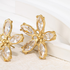 Boucles D'Oreilles Puces Pour Femmes Sweet Flower En Acier Inoxydable Étanche Couleur Or Et Zircon h5 Image5