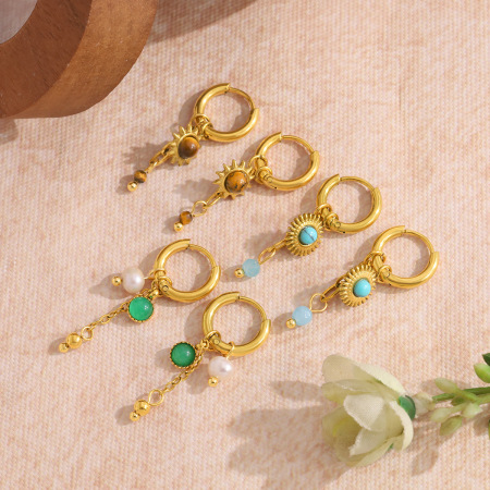 Boucles d'oreilles pendantes pour femme, forme soleil classique, en acier inoxydable, étanches, couleur or, avec pierre naturelle