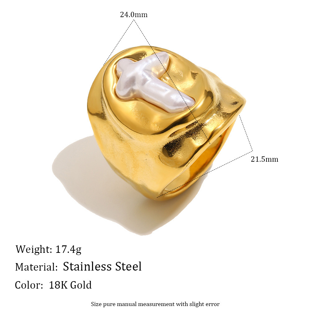 Bague Chevalière Classique Rétro En Acier Inoxydable Étanche Couleur Or Avec Croix Et Perle Image2