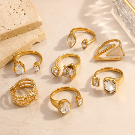 Bagues pour femmes en acier inoxydable de forme simple et irrégulière, étanches, couleur or, serties de zircon.