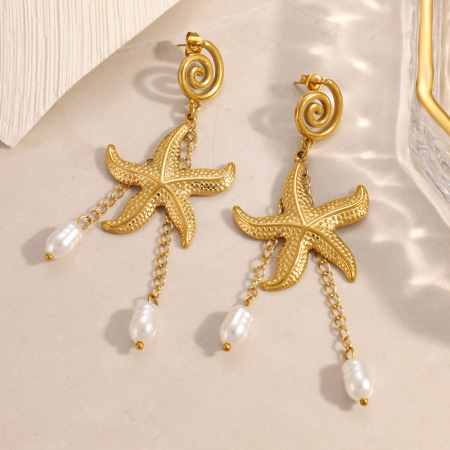 Boucles d'oreilles pendantes rétro en forme d'étoile de mer, en acier inoxydable, couleur or, imperméables, avec perles.