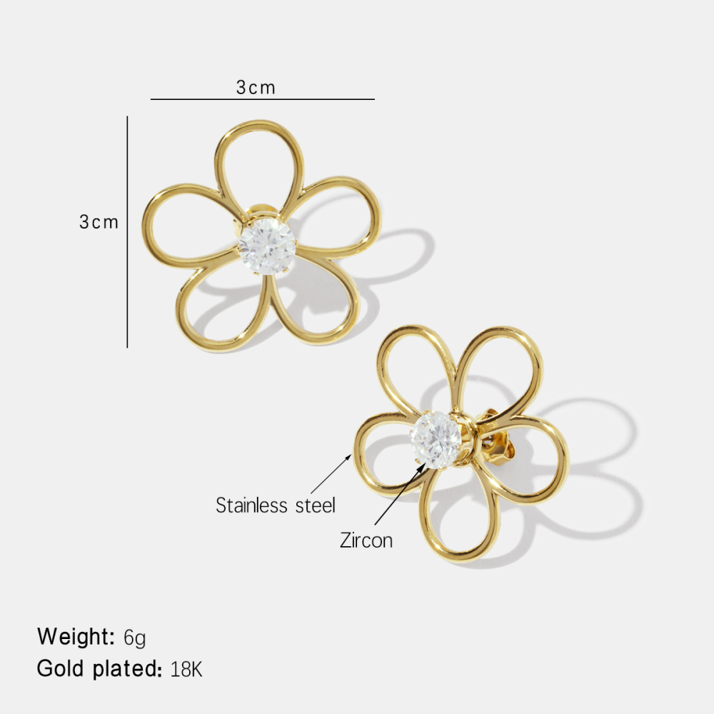 Boucles D'Oreilles Puces En Acier Inoxydable Imperméable Couleur Or, Motif Floral Simple, Zircon.