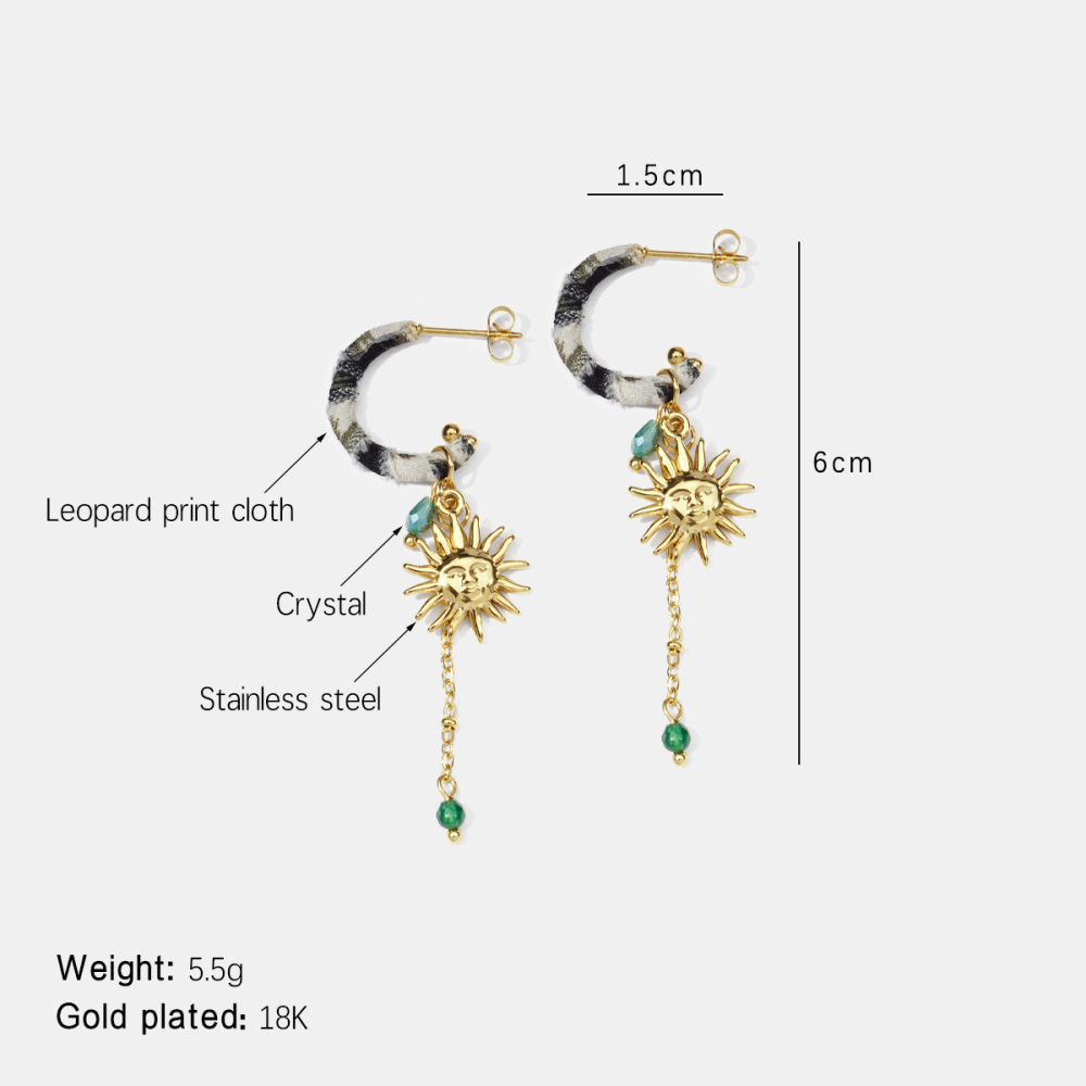 Boucles D'Oreilles Pendantes Sun En Acier Inoxydable Imperméable, Motif Léopard Et Tissu Doré 