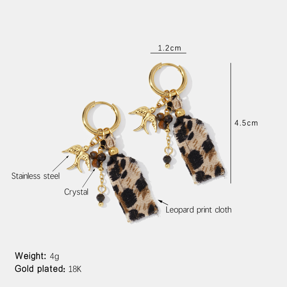 Boucles D'Oreilles Pendantes En Acier Inoxydable Doré, Imperméables, Motif Léopard Et Oiseau, En Tissu Léopard. 