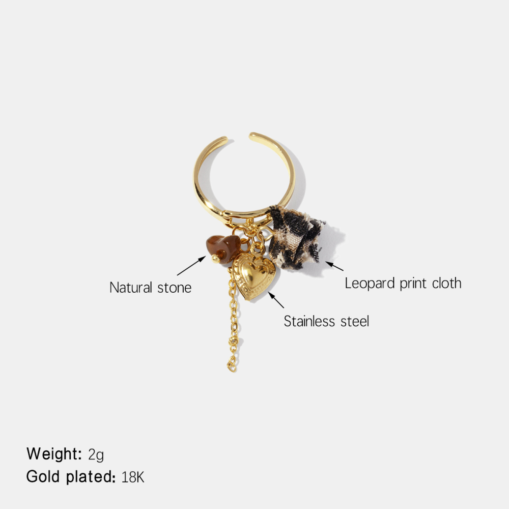 Bague Tendance En Acier Inoxydable Imperméable Avec Tissu Léopard Et Motif Cœur, Couleur Or 