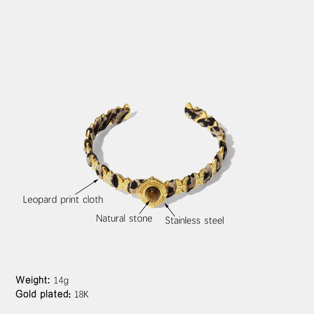 Bracelet Manchette En Acier Inoxydable Étanche, Pierre Naturelle Et Tissu Imprimé Léopard 
