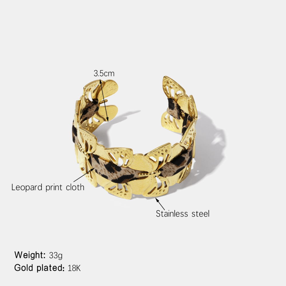 Bracelet Manchette En Acier Inoxydable Étanche Couleur Or Avec Motif Léopard Et Papillon 