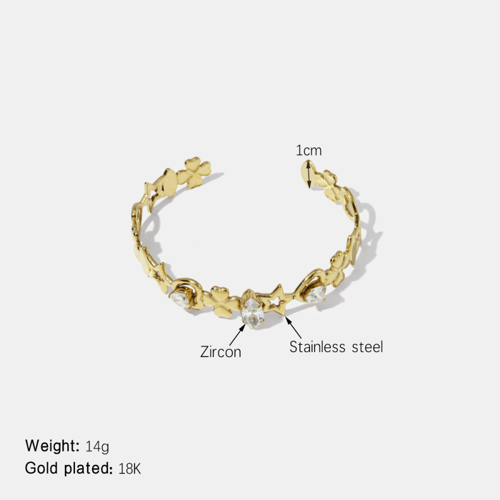 Bracelet Manchette En Acier Inoxydable Étanche Avec Zircon, Motif Cœur, Étoile Et Trèfle