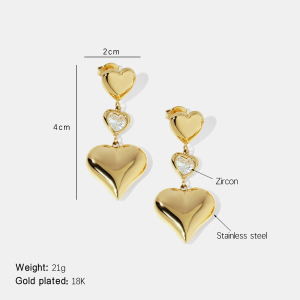 Boucles D'Oreilles Pendantes En Forme De Cœur, En Acier Inoxydable Étanche, Couleur Or, Avec Zircon. h5