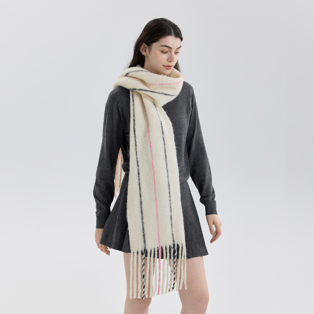Écharpe D'Hiver À Pompons En Laine Et Polyester, 1 Pièce, À Blocs De Couleurs Image4