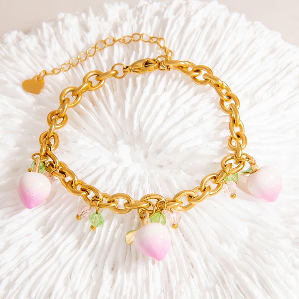 Bracelets À Breloques Sweet Peach En Acier Inoxydable Étanche Couleur Or Image5