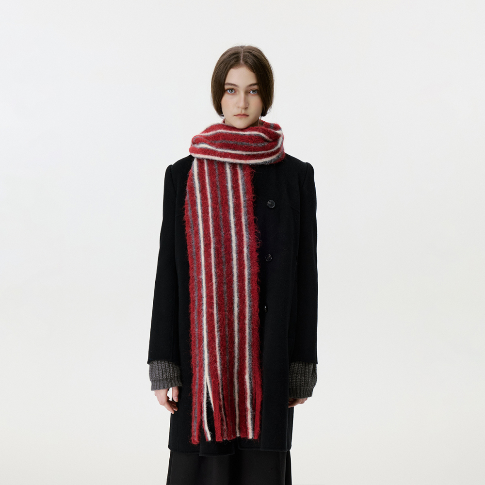 Écharpe D'Hiver Striée À Pompons En Laine Et Polyester, 1 Pièce, À Blocs De Couleurs Image9