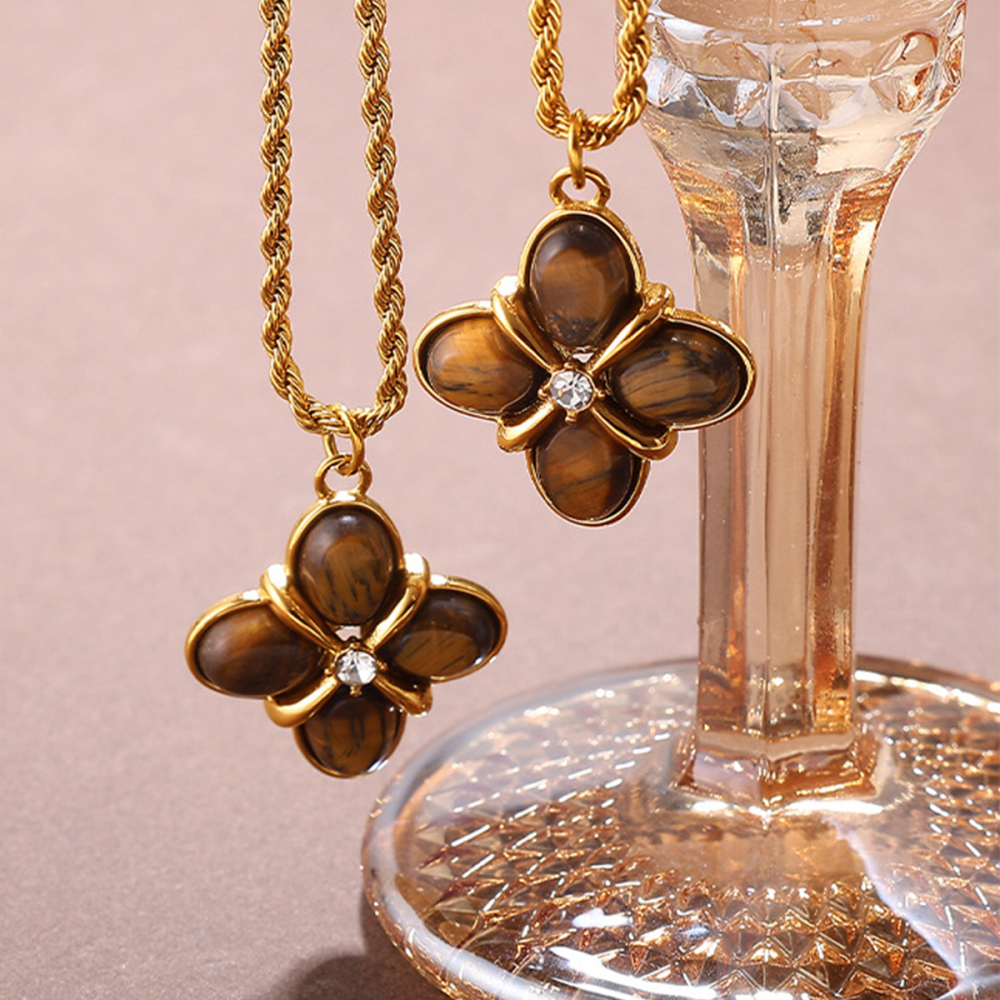 Collier Pendentif Rétro En Acier Inoxydable Doré Avec Pierre Naturelle Et Fleur (1 Pièce) h5Image3