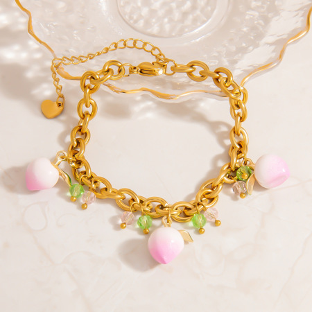 Bracelets À Breloques Sweet Peach En Acier Inoxydable Étanche Couleur Or