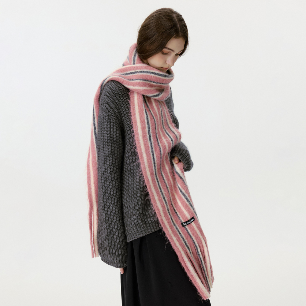 Écharpe D'Hiver Striée À Pompons En Laine Et Polyester, 1 Pièce, À Blocs De Couleurs Image10