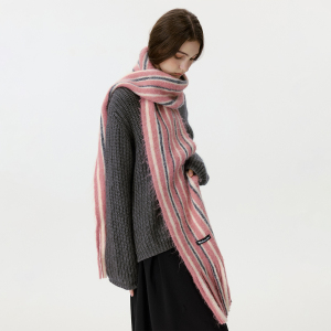 Écharpe D'Hiver Striée À Pompons En Laine Et Polyester, 1 Pièce, À Blocs De Couleurs h5 Image10