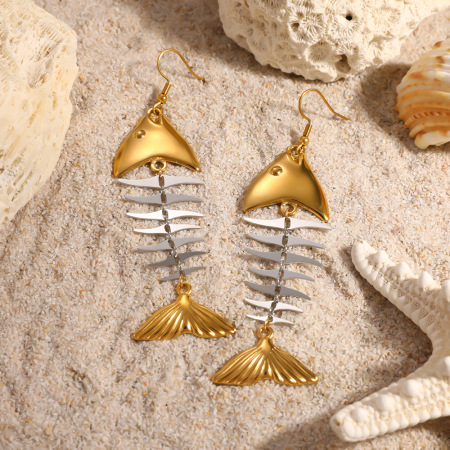 Boucles d'oreilles pendantes pour femme, en acier inoxydable doré et argenté, avec de jolis poissons.