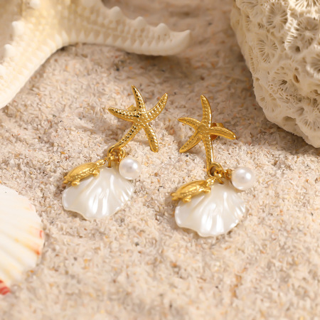 Boucles d'oreilles pendantes pour femme, style océan romantique, en acier inoxydable, couleur or, motif étoile de mer, collection vacances.