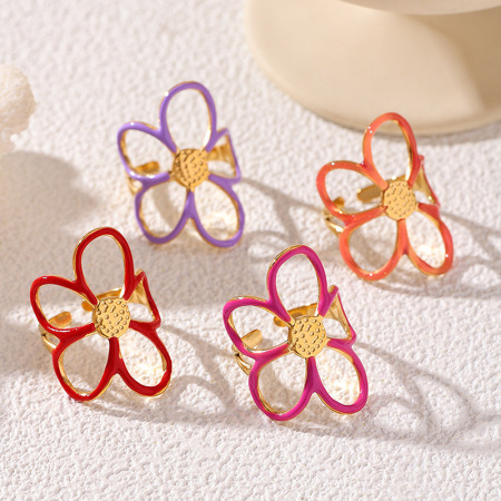 Bagues tendance en acier inoxydable doré, étanches, ornées de fleurs en émail doux