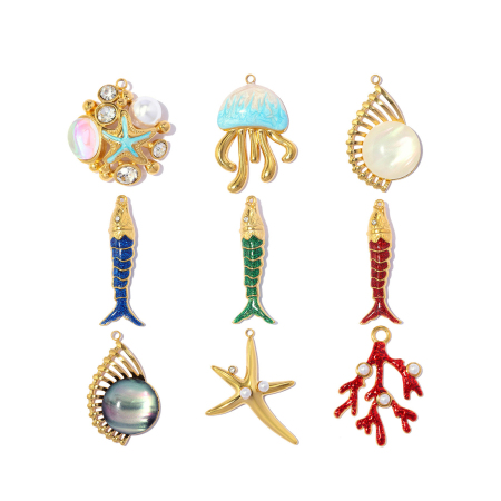 Pendentifs luxueux pour femmes, style océanique, coquillages et coraux, en acier inoxydable étanche, couleur or.