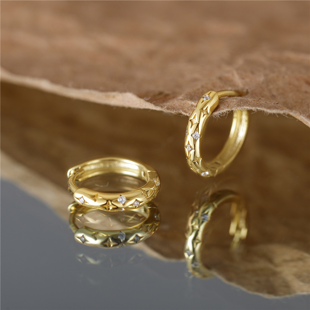 Boucles D'Oreilles Pour Femmes En Argent Sterling 925, Couleur Or, Serties De Zircon Et Ornées D'Un Cercle Classique Luxueux h5Image2