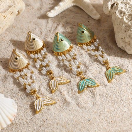 Boucles d'oreilles pendantes pour femme, collection romantique, motif poisson irrégulier, en acier inoxydable, couleur or, étanches.