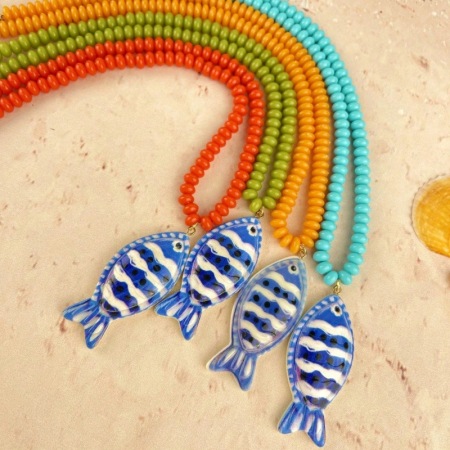 Colliers de perles rétro ethniques en résine avec motif de poisson et perles pour femmes