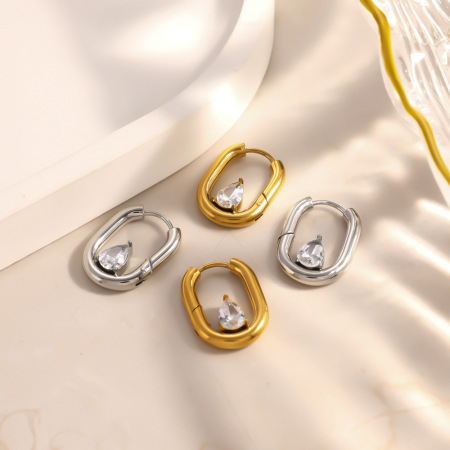 Boucles d'oreilles créoles simples et élégantes en forme de goutte, rectangulaires, en acier inoxydable étanche, couleur or, avec zircon.